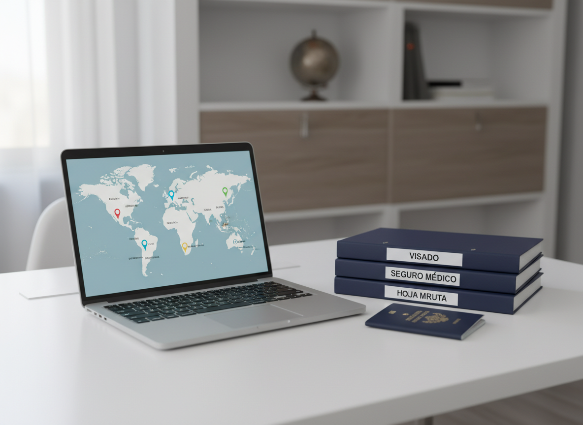 A clean white desk in a minimalist studio office, holding a slim silver laptop displaying a world map with colored pins marking culinary and hospitality destinations. Next to it, a neatly stacked set of navy blue folders labeled in Spanish with words like “Visado”, “Seguro Médico” and “Hoja de Ruta”, plus a single elegant passport with a subtle shine. Soft natural daylight enters from an unseen window, creating gentle reflections on the laptop and desk surface. The background is out of focus, with just hints of neutral-toned shelving and a tiny globe. Photographic realism, shot at eye level with a shallow depth of field, conveys a calm, professional, human-centered atmosphere that feels organized and reassuring.