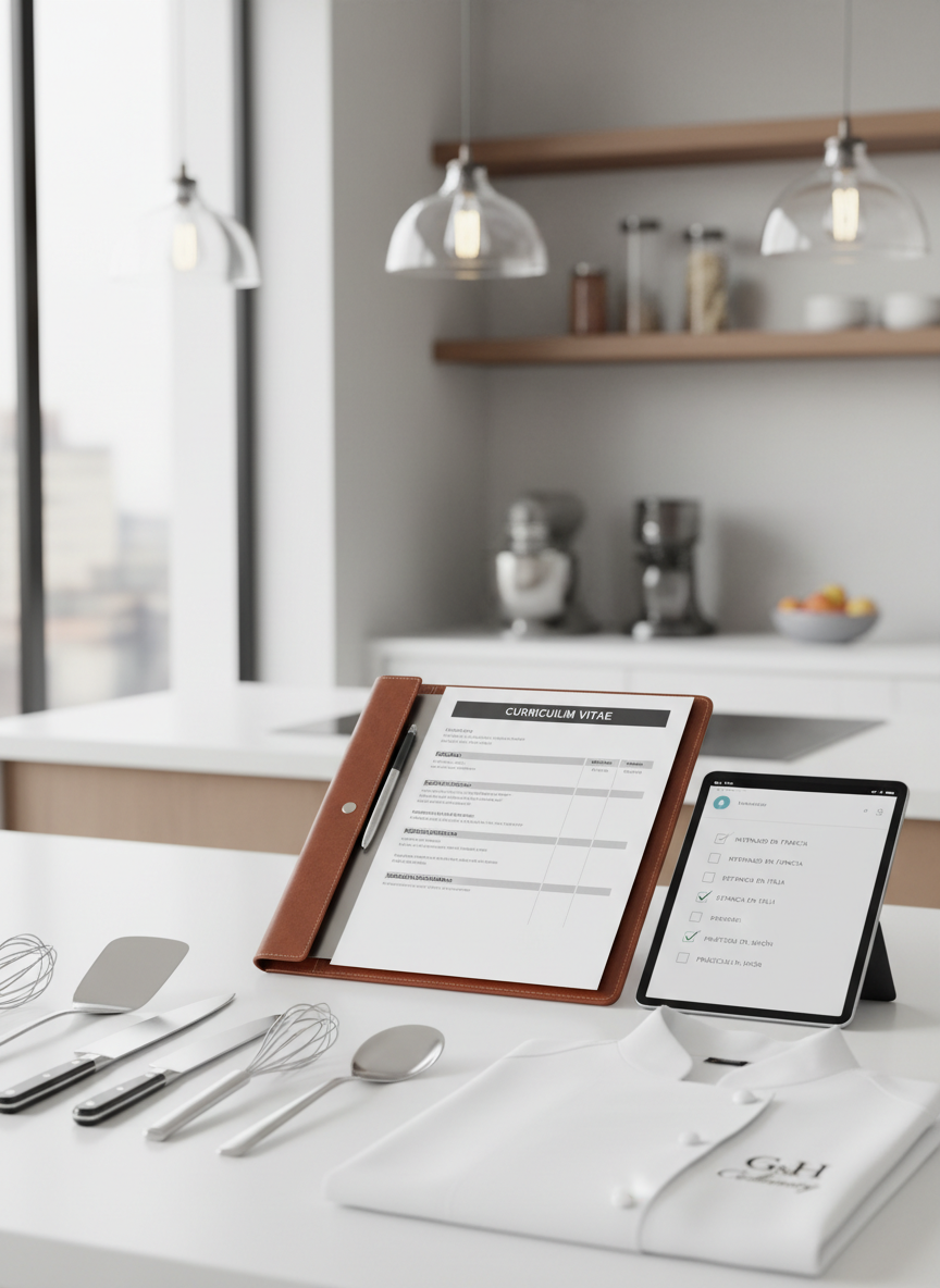 An organized preparation table in a bright, contemporary kitchen, featuring an open leather-bound portfolio with a printed CV in Spanish, alongside a sleek tablet showing a checklist for international culinary internships. Polished stainless steel utensils and a folded chef’s jacket with fine stitching rest nearby, symbolizing gastronomy and hospitality. Soft overhead lighting combines with indirect daylight from a side window, creating clear, crisp reflections on the metal and tablet screen. The composition uses the rule of thirds with sharp focus on the CV and subtle bokeh in the background, where blurred outlines of modern kitchen equipment suggest opportunity. Photographic realism and a minimalist aesthetic communicate precision, ambition, and professional guidance.
